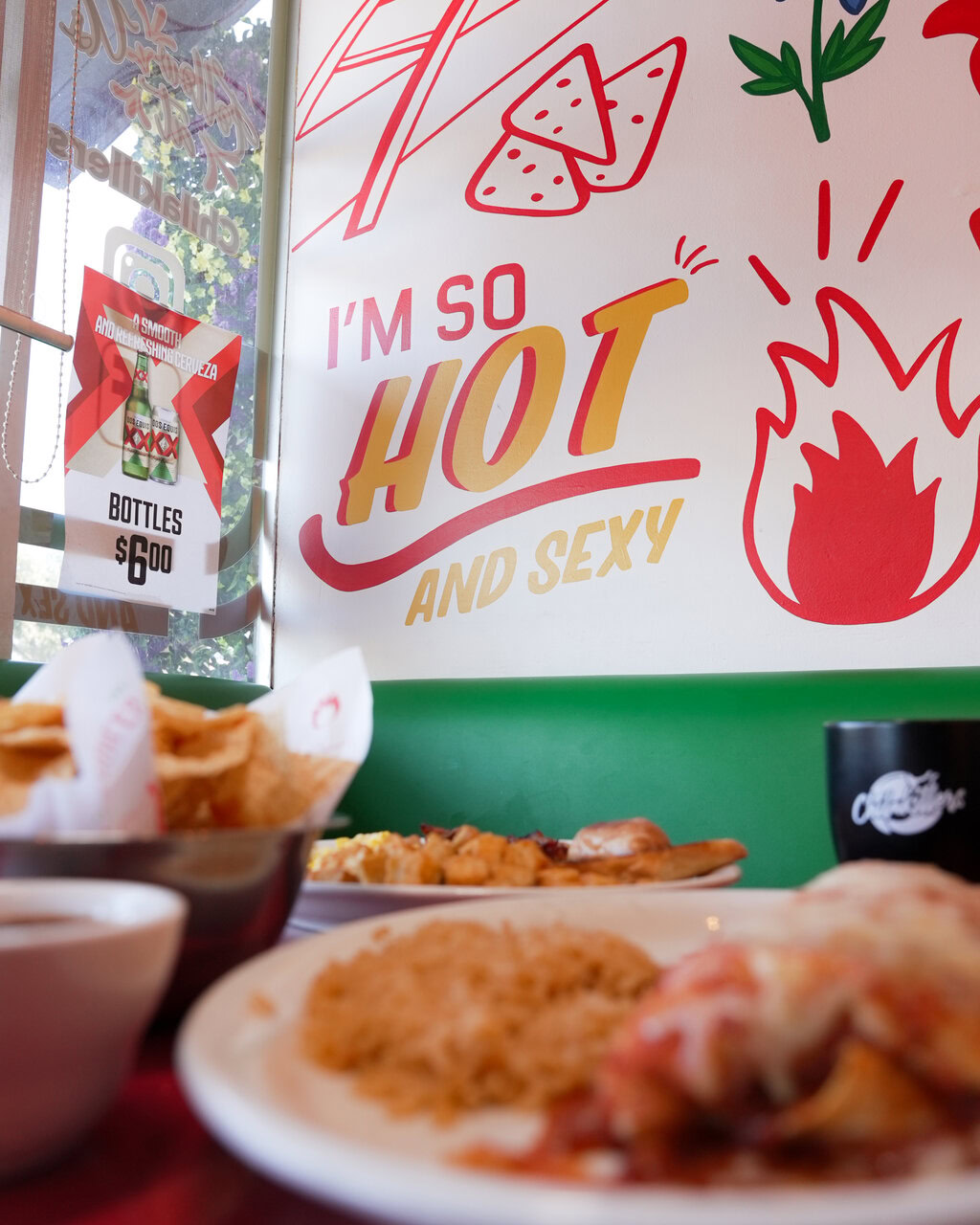 bold restaurant interior with funky wall art