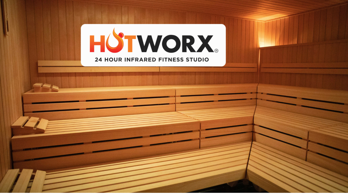 hotworx infrared sauna with tiered wood benches