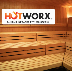 hotworx infrared sauna with tiered wood benches