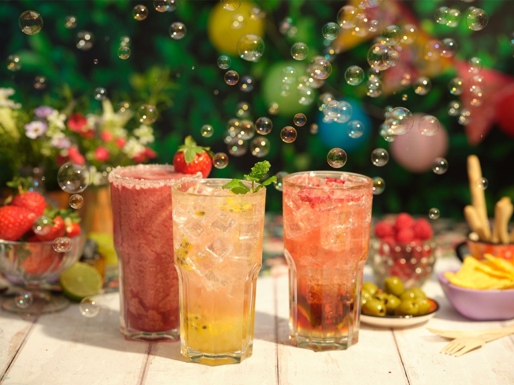 sparkling summer fruit cocktails with bubbles