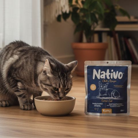 tabby cat eating from bowl beside nativo pouch