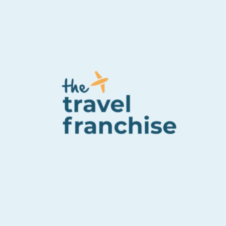 minimal blue travel franchise logo with orange plane