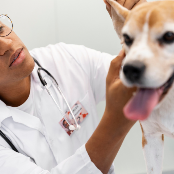 consulta veterinaria: examen cuidadoso de beagle