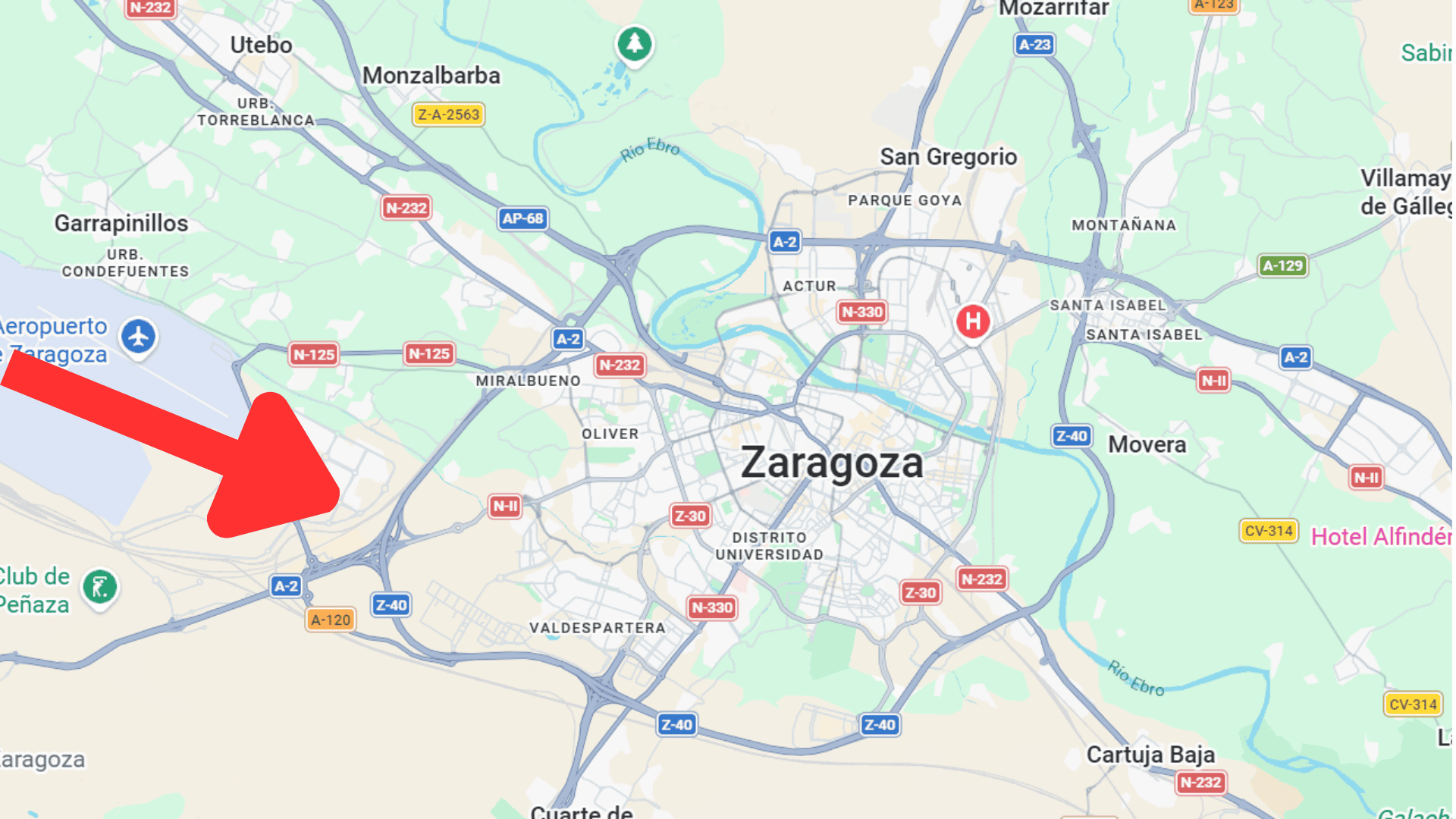 mapa de zaragoza: flecha señala aeropuerto y nudo vial