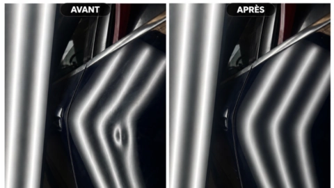 avant/après : réparation d’une bosse sur porte auto