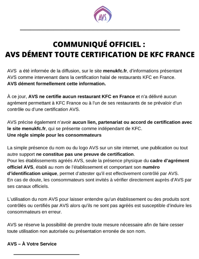 communiqué avs : démenti sur kfc france