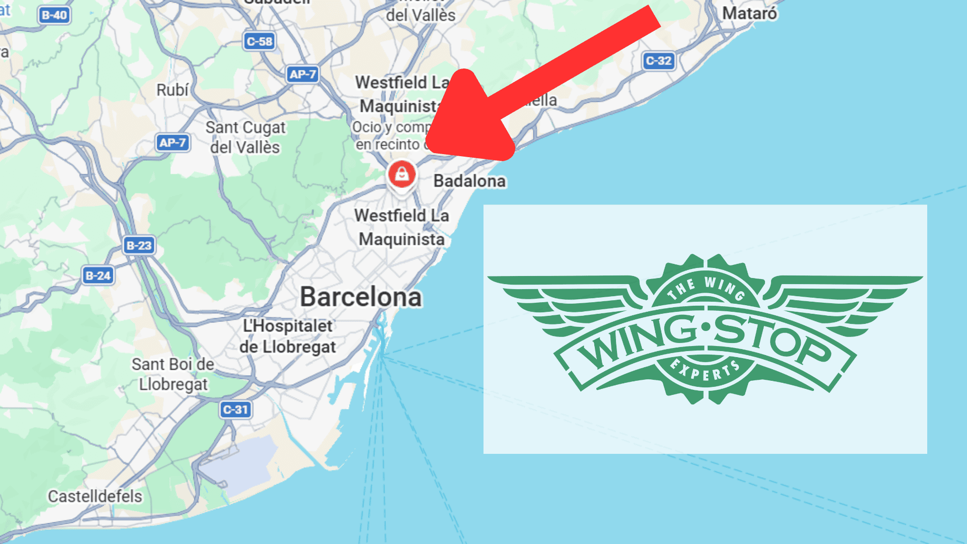 mapa de barcelona con flecha y logo wingstop