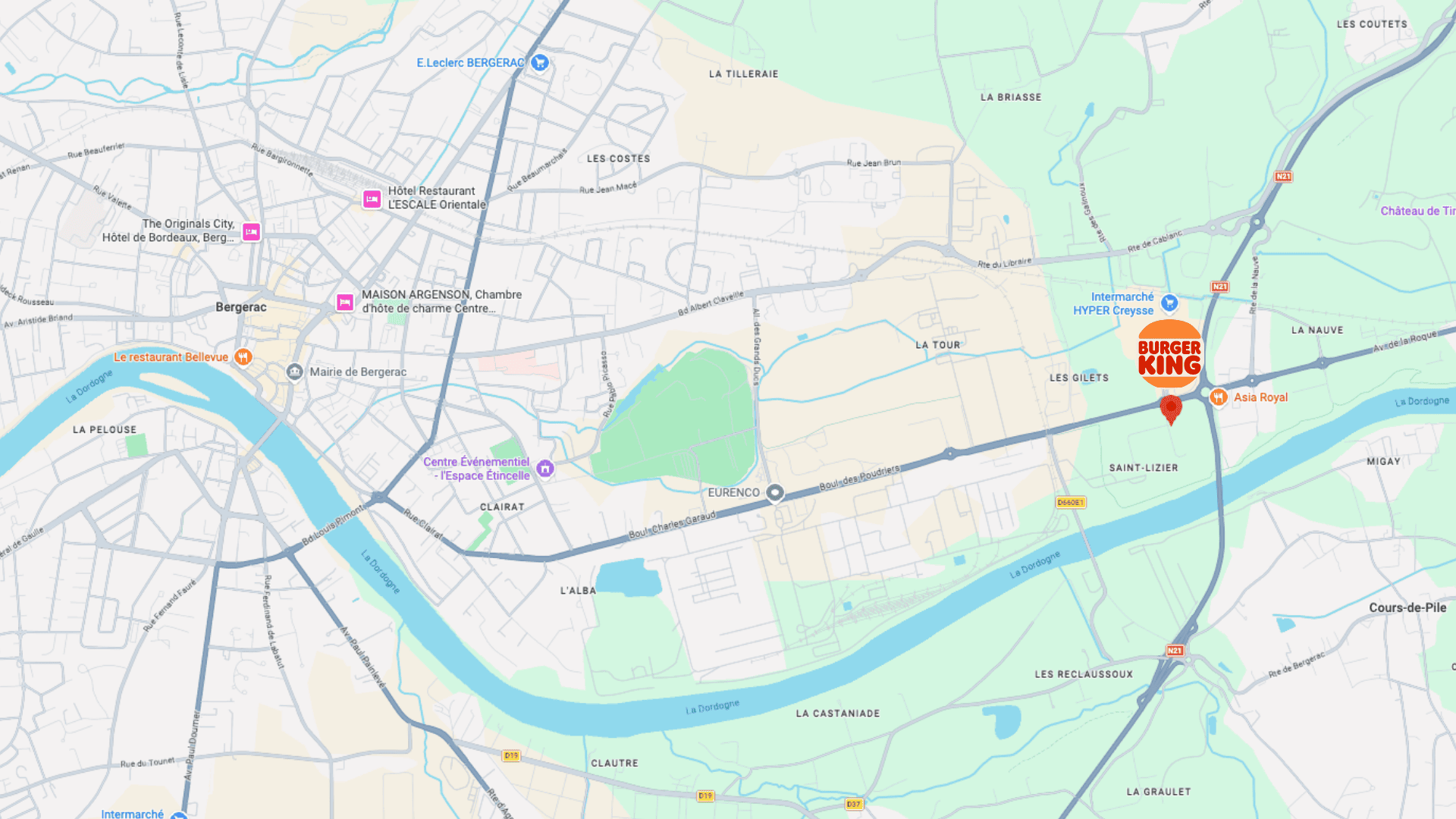 carte de bergerac avec burger king et dordogne