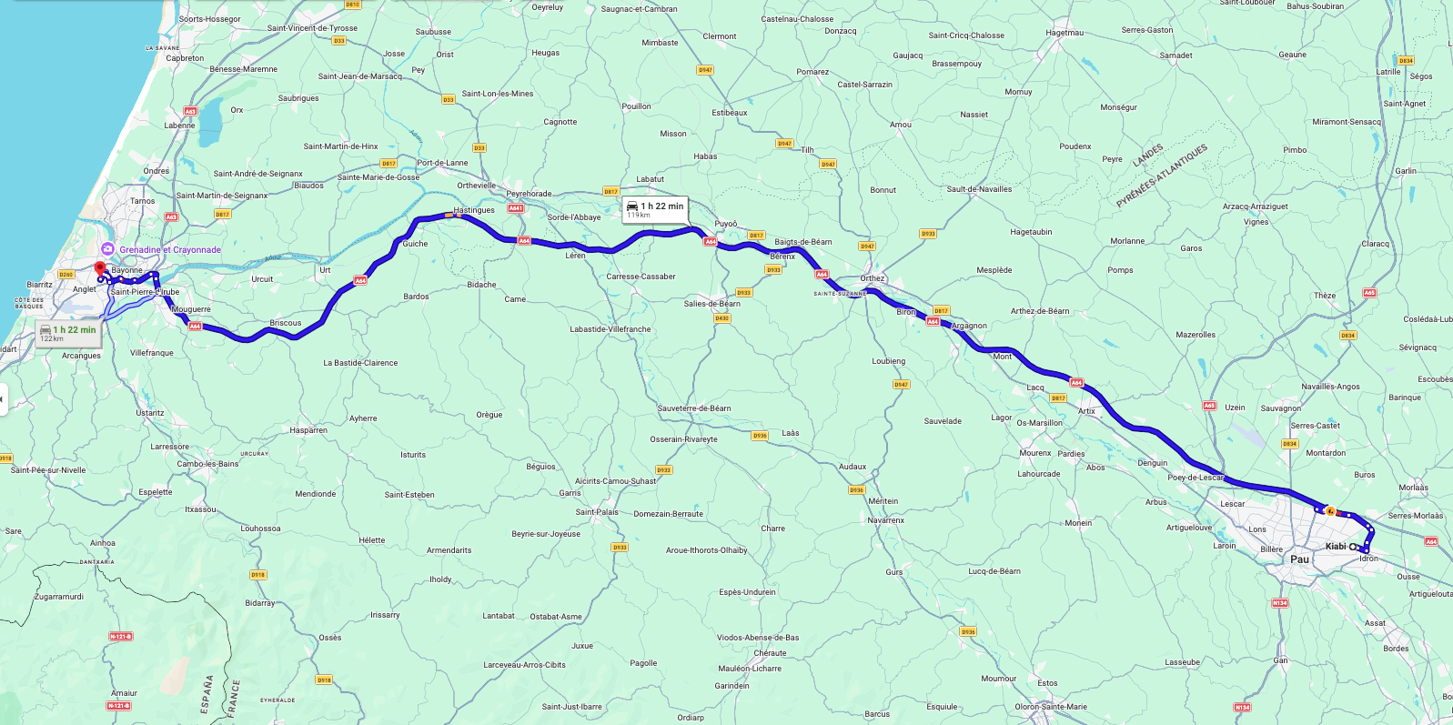 itinéraire bayonne pau : carte routière du sud ouest