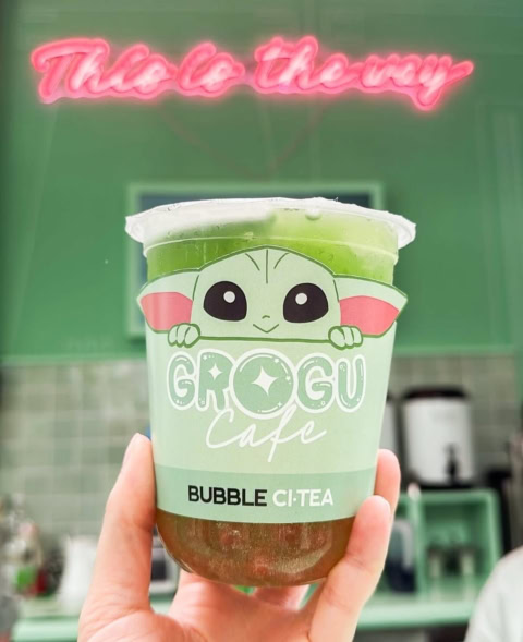 grogu bubble tea in trendy café