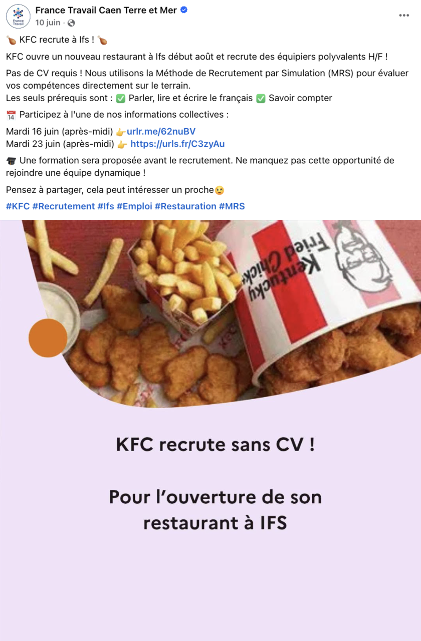 kfc recrute sans cv à ifs pour ouverture