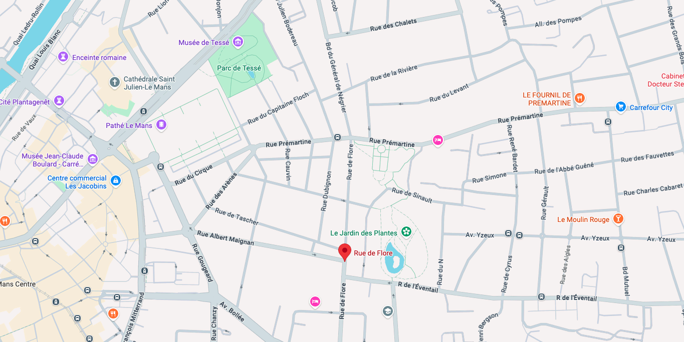 carte de le mans : rue de flore et jardin des plantes