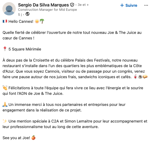 annonce linkedin : ouverture de joe & the juice à cannes