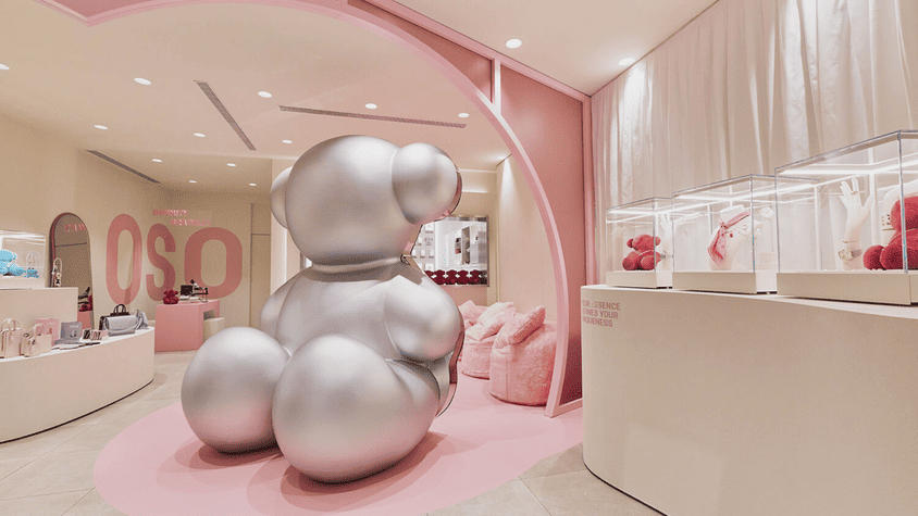 tienda rosa de lujo con oso metálico