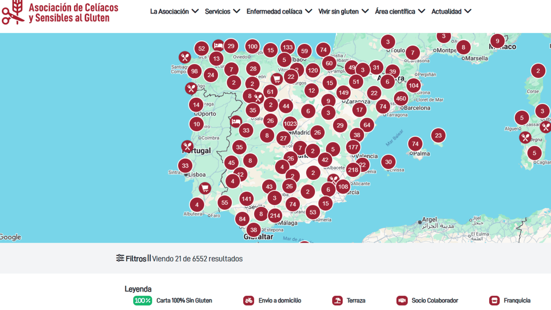 mapa de establecimientos sin gluten en españa y portugal