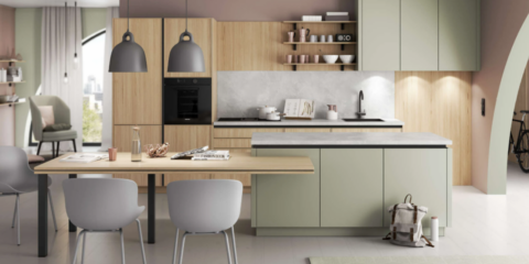 modern sage kitchen and dining room