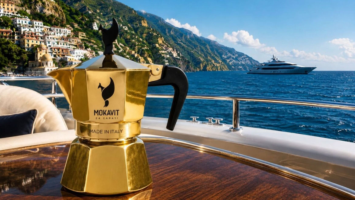 moka pot dorato su yacht di lusso in mare blu