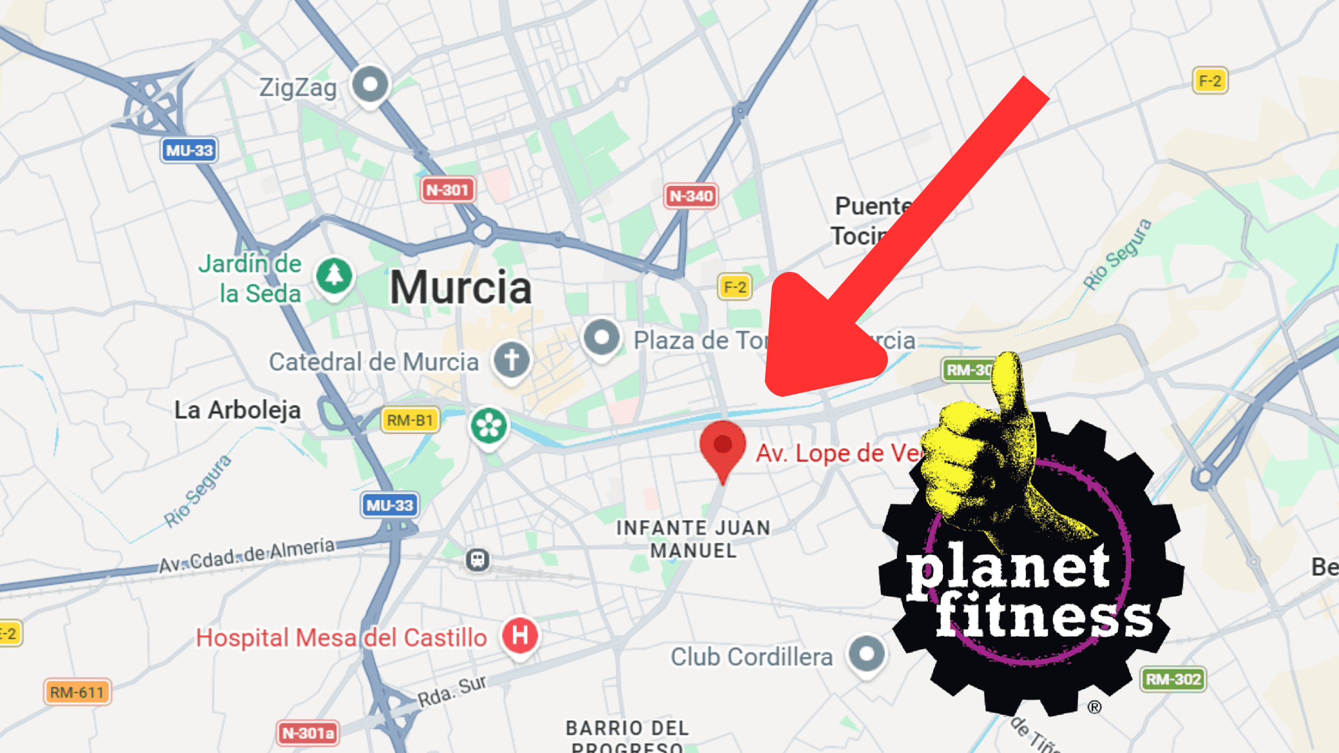 mapa de murcia con flecha a planet fitness