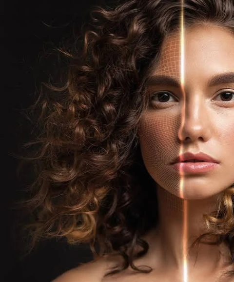 portrait féminin numérique, lumière et maillage futuriste