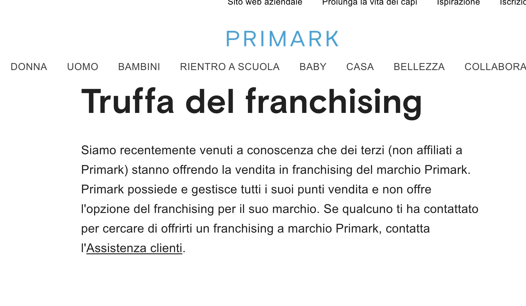avviso primark: truffa del franchising