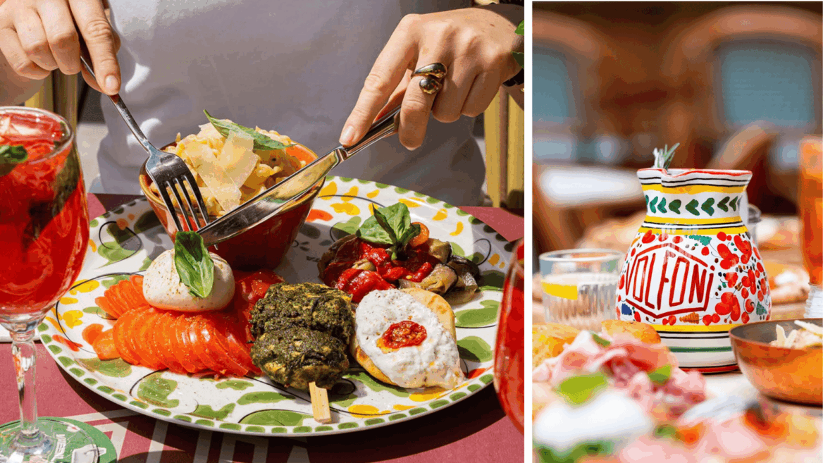 repas italien coloré avec carafe dolfin artisanale