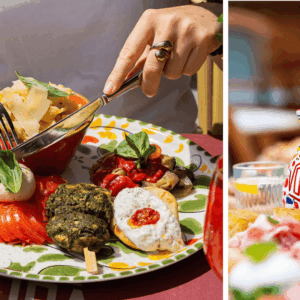 repas italien coloré avec carafe dolfin artisanale