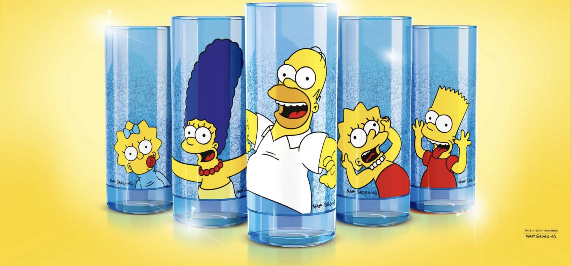 verres simpson jaunes : maggie, marge, homer, lisa et bart
