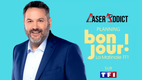 présentateur souriant de tf1 matinale sur turquoise