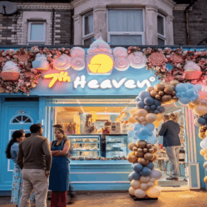 7th heaven dessert shop frontage with pastel balloon arch