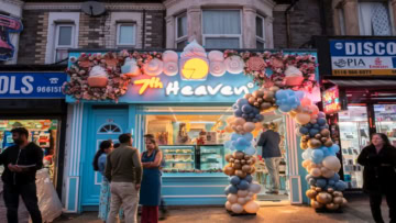 7th heaven dessert shop frontage with pastel balloon arch