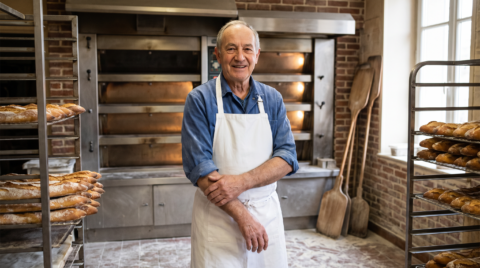 boulanger artisanal devant ses pains frais