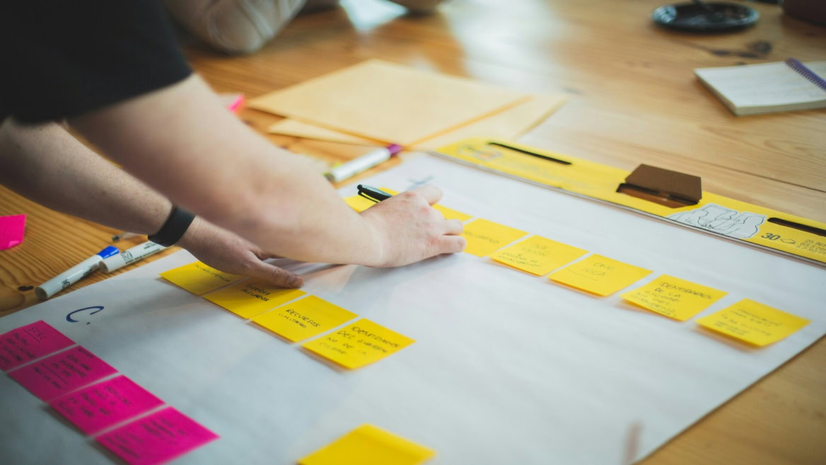 brainstorming session with sticky notes on table