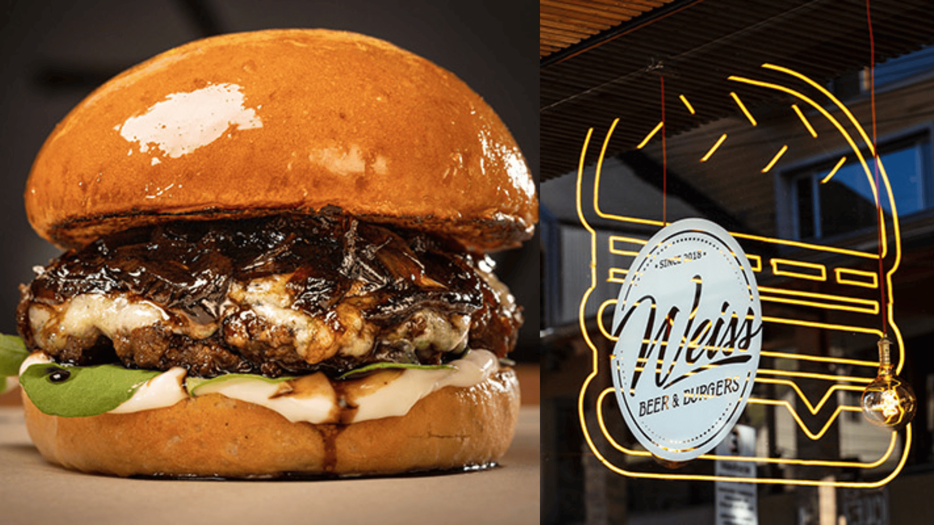 burger gourmet y letrero neón de meat beer & burgers