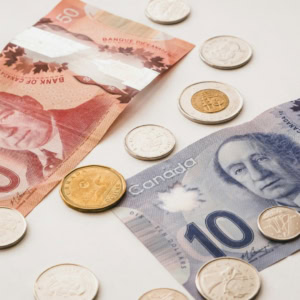 billets et pièces canadiennes sur fond clair
