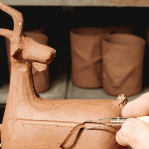 scultura di cervo in argilla, atelier d’artista