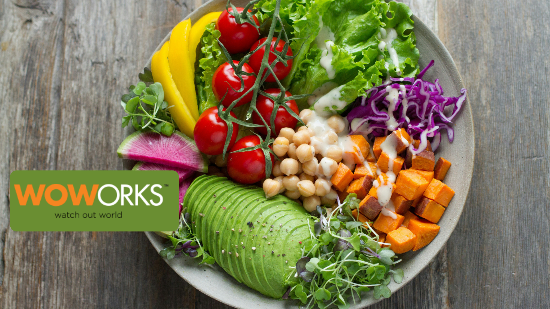 colorful vegan salad bowl with avocado and chickpeas
