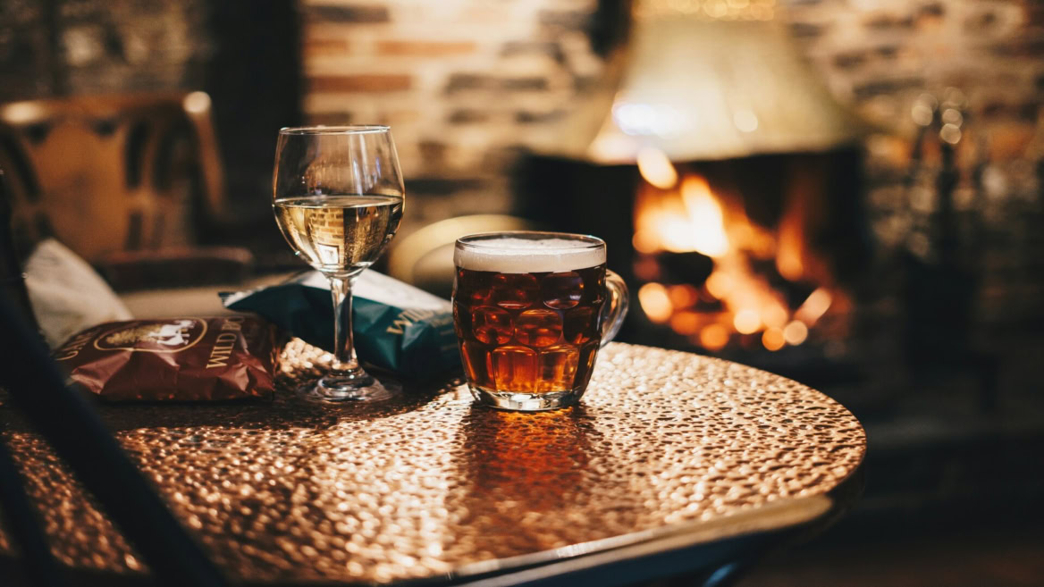 warm drinks by the fireplace