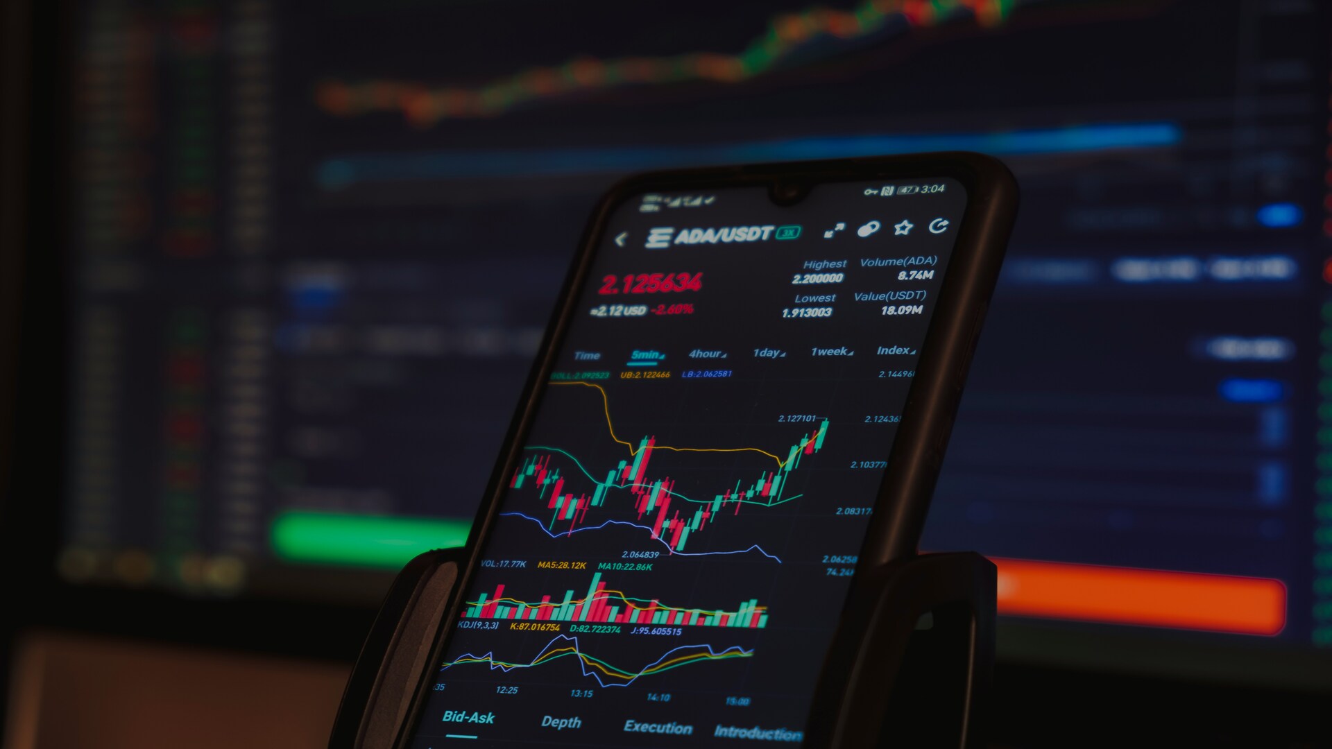 crypto trading app on smartphone with ada/usdt chart