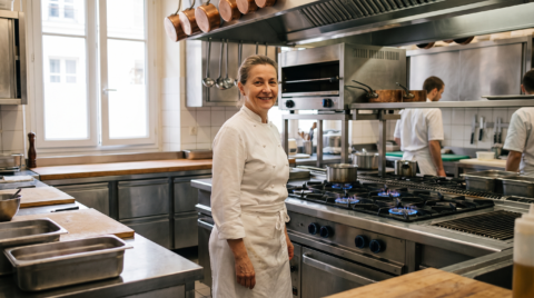 chef souriante en cuisine professionnelle moderne