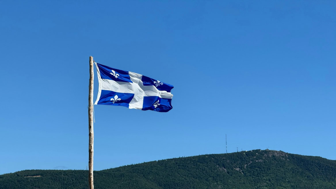 drapeau bleu et blanc au vent sur mât rustique
