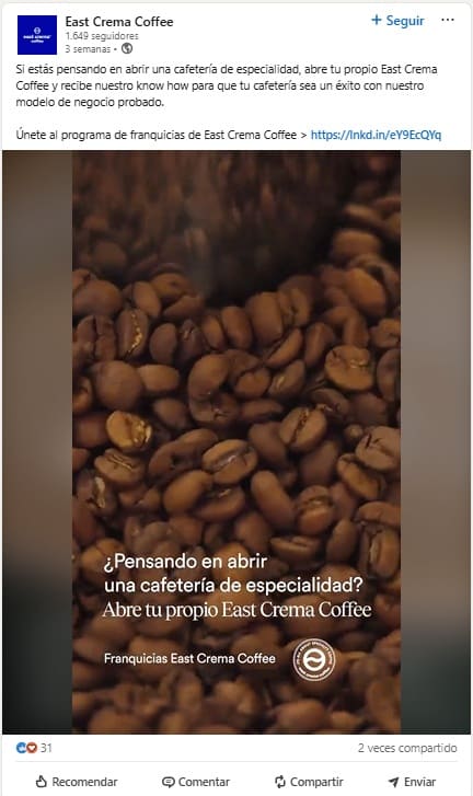 anuncio de franquicia east crema coffee en facebook