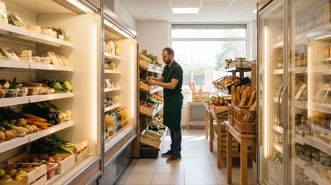 Épicerie moderne : vendeur rangeant des légumes frais