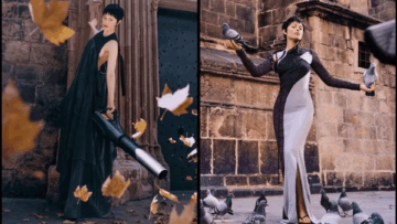 díptico de moda con palomas y piedra antigua