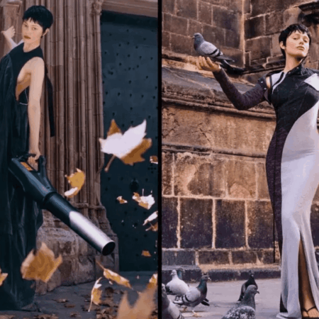 díptico de moda con palomas y piedra antigua