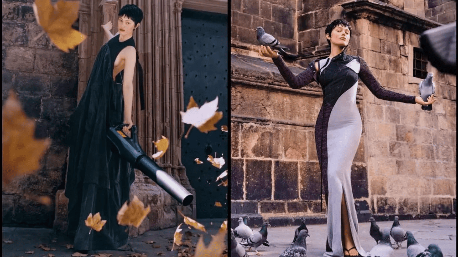 díptico de moda con palomas y piedra antigua