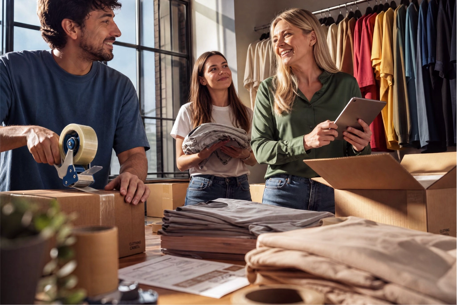 Équipe de mode préparant les commandes en atelier