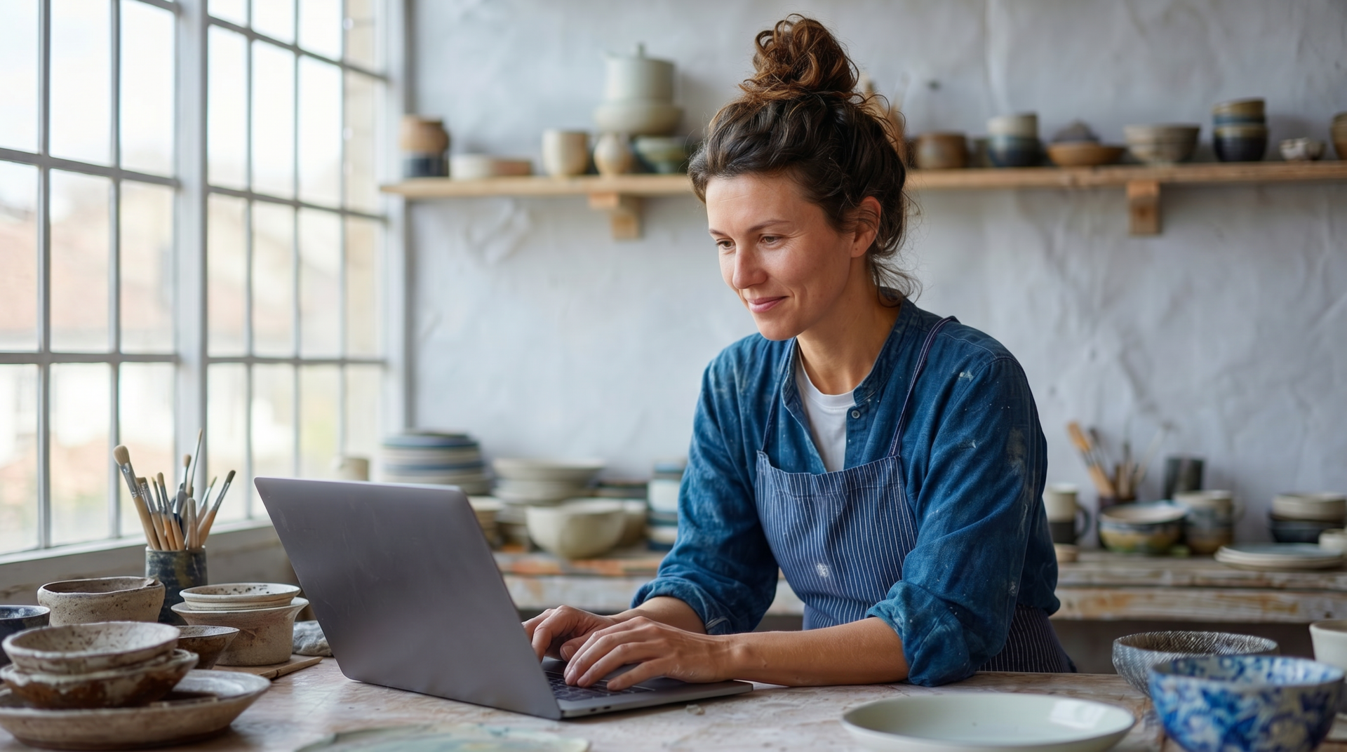 artiste céramiste au laptop dans son atelier lumineux