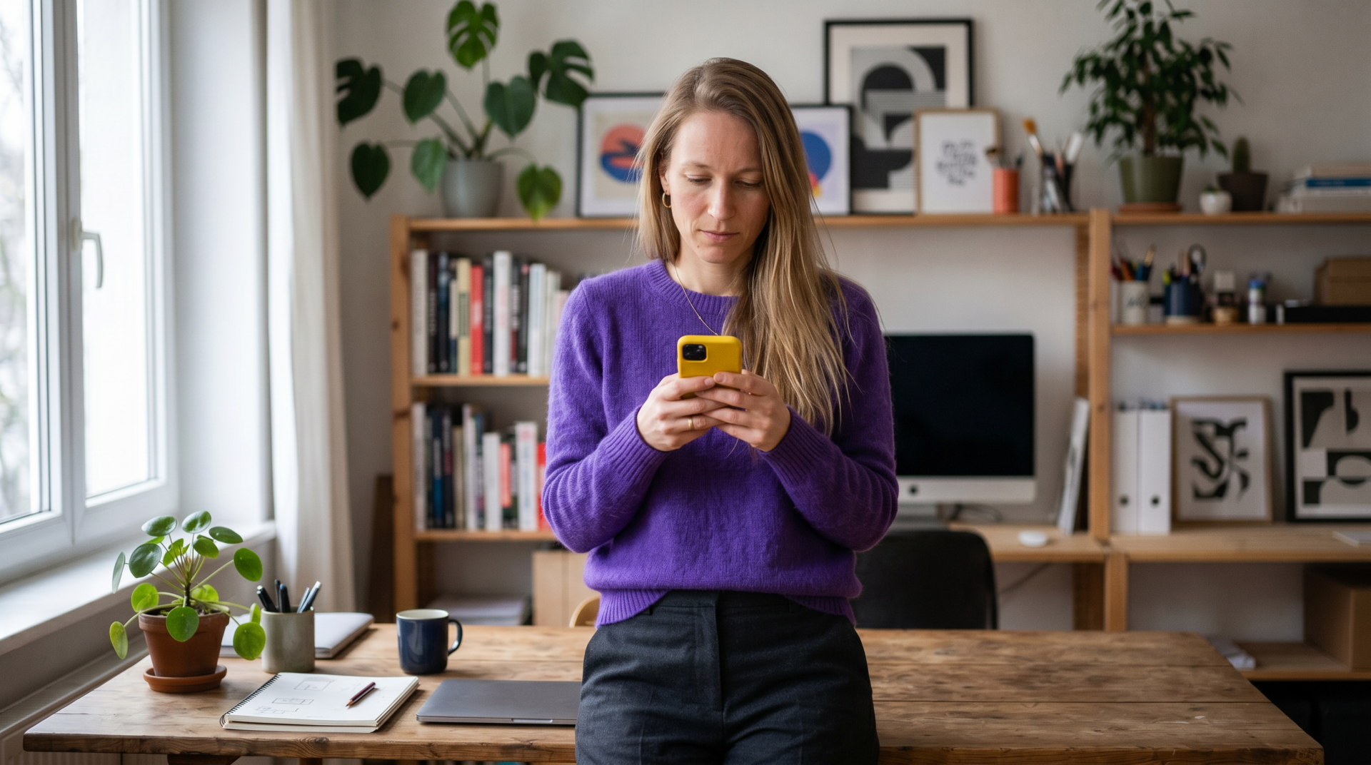 femme au bureau lisant son smartphone