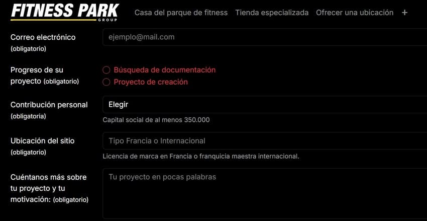 formulario de franquicia fitness park group