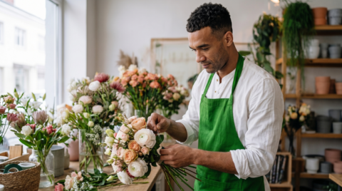 fleuriste compose un bouquet pastel en boutique lumineuse